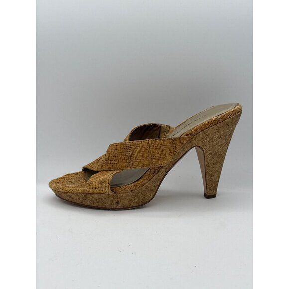 Ann Marino Womens Size 7.5 Tan Woven Mule Heels With Cork Platform - Picture 5 of 7